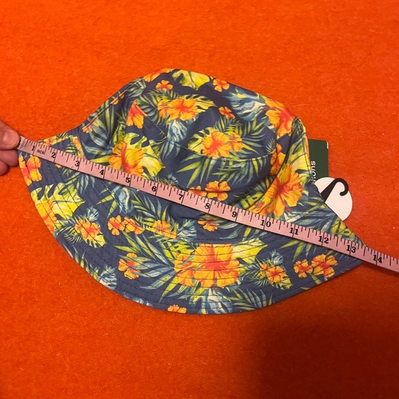 Blue and orange unisex 100% cotton reversible hibiscus bucket hat NWT - Picture 3 of 7